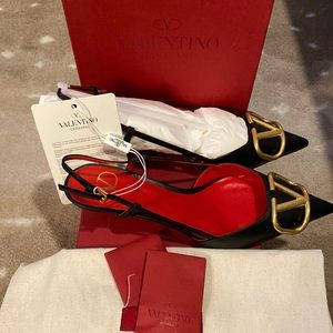 Valentino, V Logo, Signature Calfskin Slingback Pump, 1.6 in heel, Black, Size 7